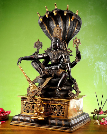 Brassaura™ Superfine Brass Lord Vishnu Idol Seated on Engraved Pedestal with Sheshanaag and Hanuman | 29 Inch Height | 35 KG Weight