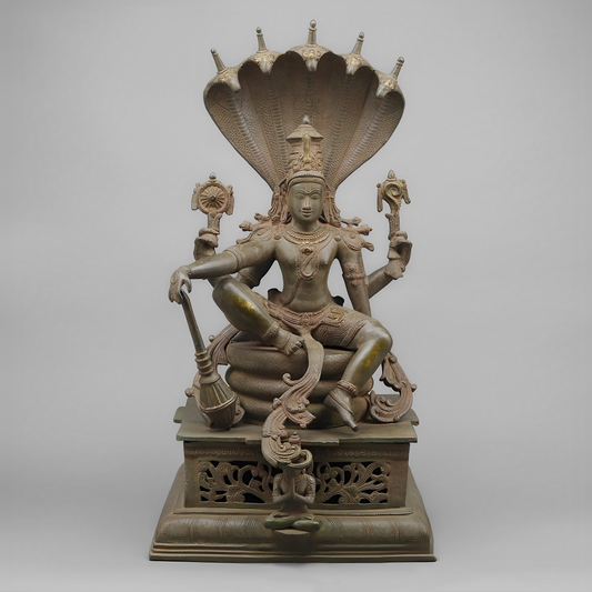 Brassaura® Antique Finish Brass Lord Vishnu Seated on Sheshanaag Statue | 29 Inches Height | Intricately Crafted