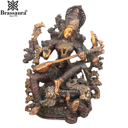 Brassaura™ Heavy Brass Saraswati Idol – Height 16 Inches & Weight 14.6 Kgs | Spiritual Statue