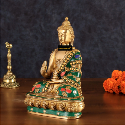Brassaura™ Pure Brass Buddha Idol with Stonework – Height 7.5 Inches, Weight 1.7 Kgs