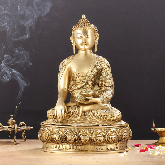 Brassaura™ Handcrafted Pure Brass Buddha Statue with Engraved Life Story – Height 15 Inches & Weight 7.8 Kgs