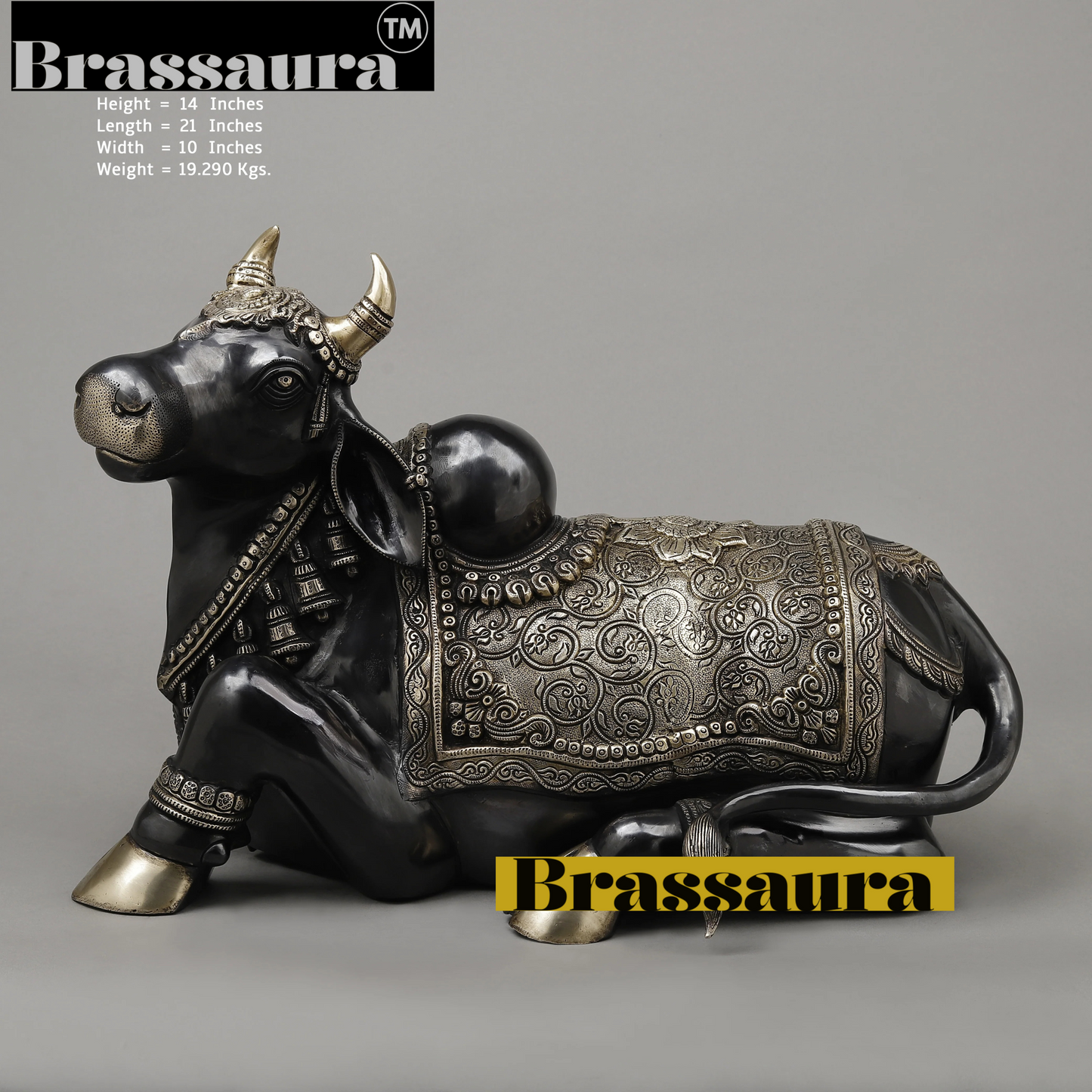 Brassaura™ Brass Nandi Statue | 14 Inches Height | 19.29 Kgs Weight | Black Finish with Golden Accents