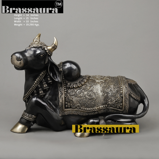 Brassaura® Brass Nandi Statue | 14 Inches Height | 19.29 Kgs Weight | Black Finish with Golden Accents