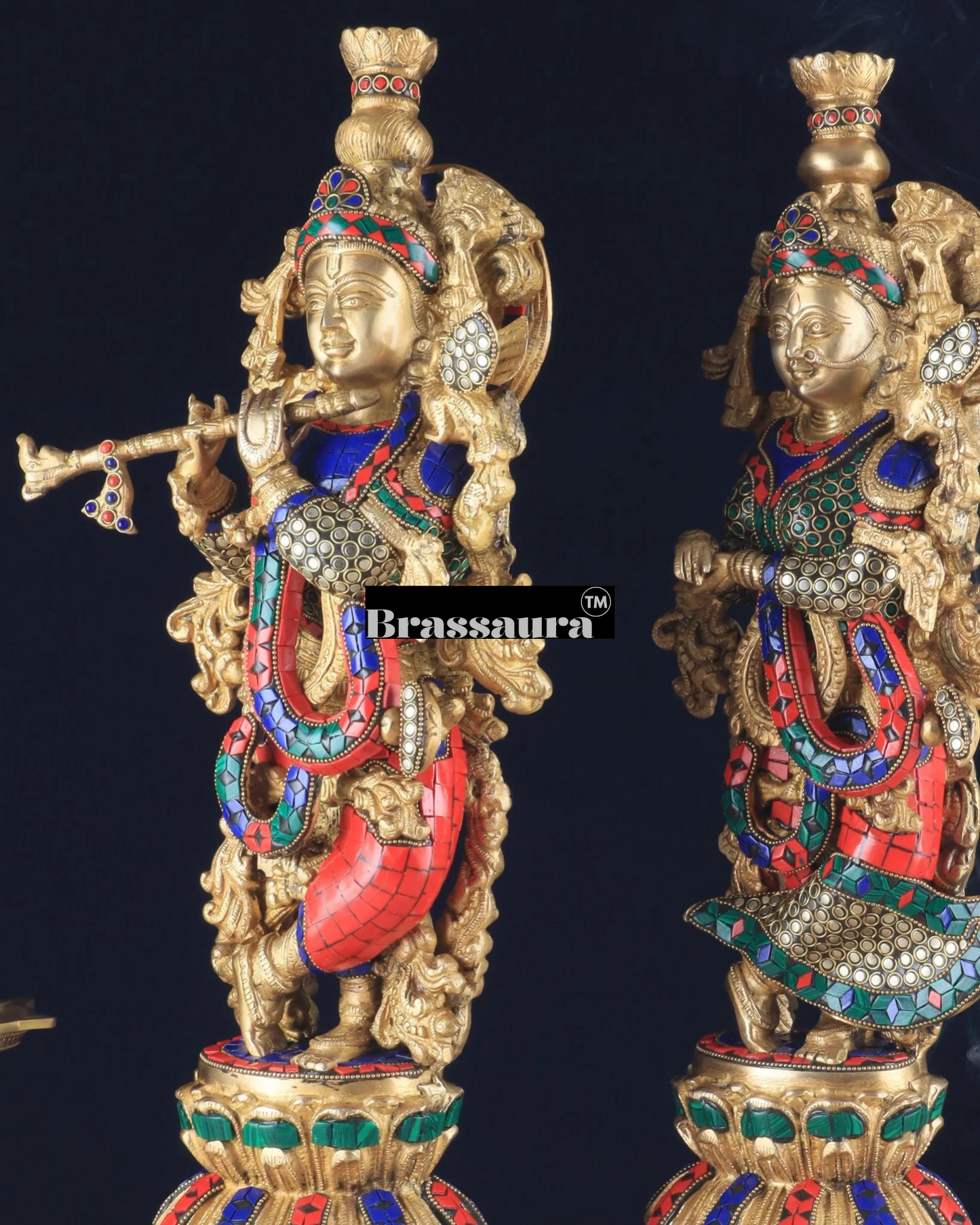 Brassaura™ Pure Brass Radha Krishna Statue with Brass Rings & Stones – Height 21 Inches & Weight 18 Kgs | Elegant Devotional Idol