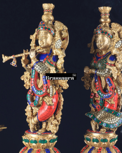 Brassaura™ Pure Brass Radha Krishna Statue with Brass Rings & Stones – Height 21 Inches & Weight 18 Kgs | Elegant Devotional Idol