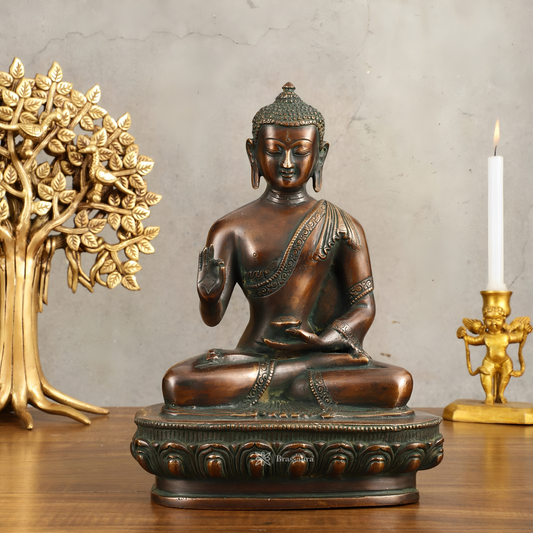 Brassaura™ Pure Brass Buddha Blessing Mudra Statue in Antique Tone – Height 10 Inches, Weight 3.61 Kgs