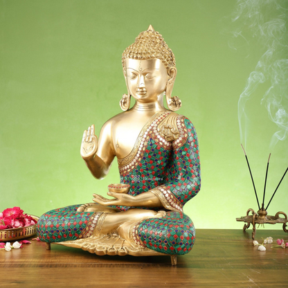 Brassaura™ Pure Brass Buddha Idol – Abhaya Mudra with Medicine Bowl – Height 20 Inches, Weight 20 Kgs