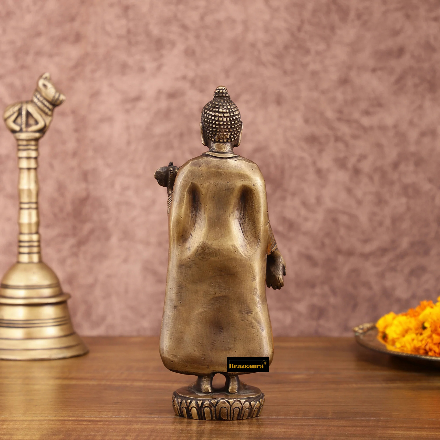 Brassaura™ Pure Brass Standing Buddha Idol – Height 9 Inches, Weight 1.5 Kgs