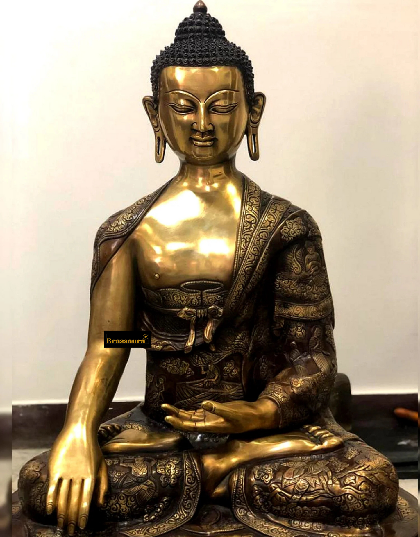 Brassaura™ Pure Brass Large Buddha Statue with Engraved Life Story – Height 33 Inches, Weight 48 Kgs