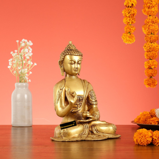 Brassaura™ Brass Buddha Idol in Abhaya Mudra – Height 10 Inches | Weight 2.8 Kgs | Spiritual Decor
