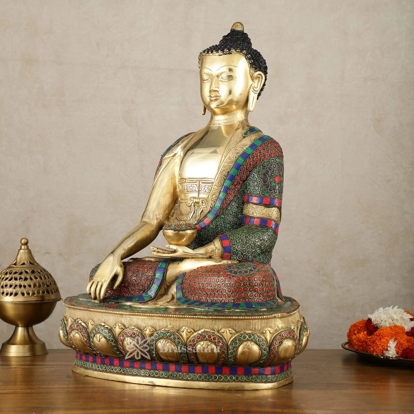 Brassaura™ Brass Buddha Statue in Bhoomisparsha Mudra with Medicine Bowl – Height 21.5 Inches, Weight 22 Kgs