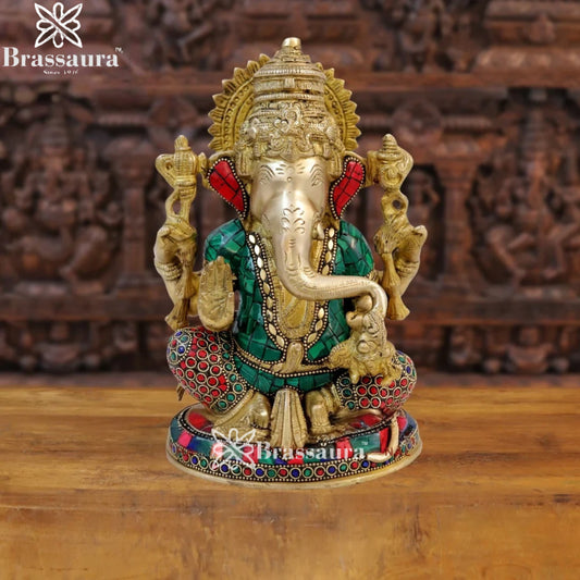 Brass Gem Stone Work Ganesha Weight 4.14 Kg & Height 9.5 Inch