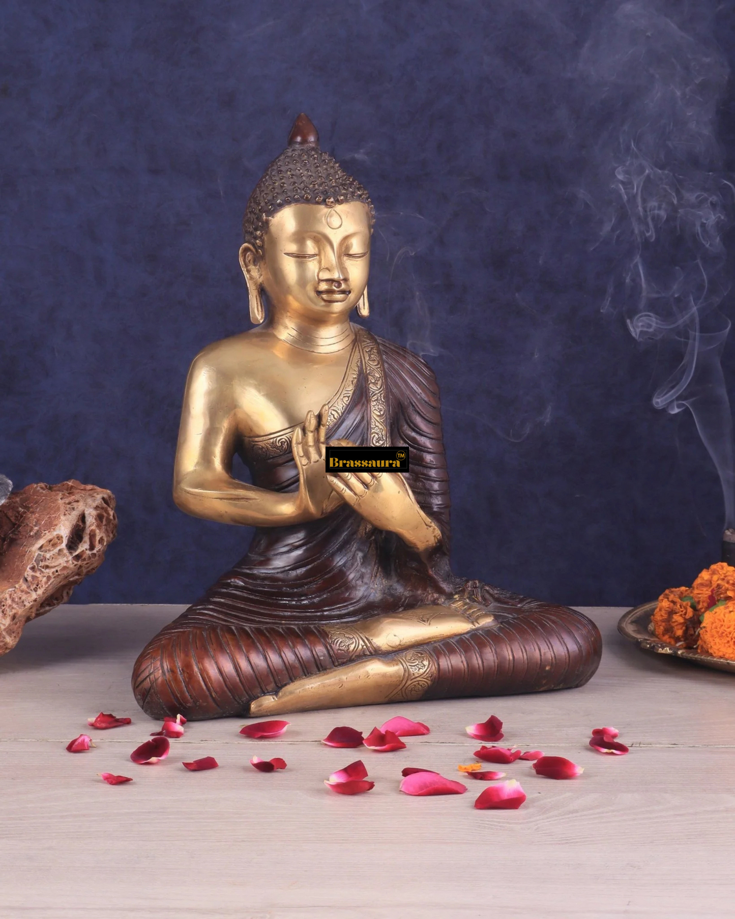 Brassaura™ Pure Brass Buddha Statue in Dharma Chakra Mudra – Height 14 Inches, Weight 7 Kgs
