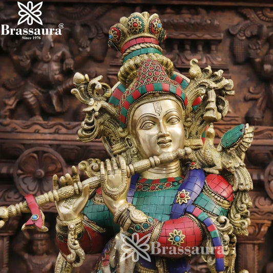 Brassaura® Lord Krishna Playing Flute with Cow Idol with Multi-Color Stone Work Finish | Pure Superfine Brass Handcrafted Murti | Brass Statue for Home Temple, Pooja Room | Height 28 Inches | Weight 34.58 Kgs