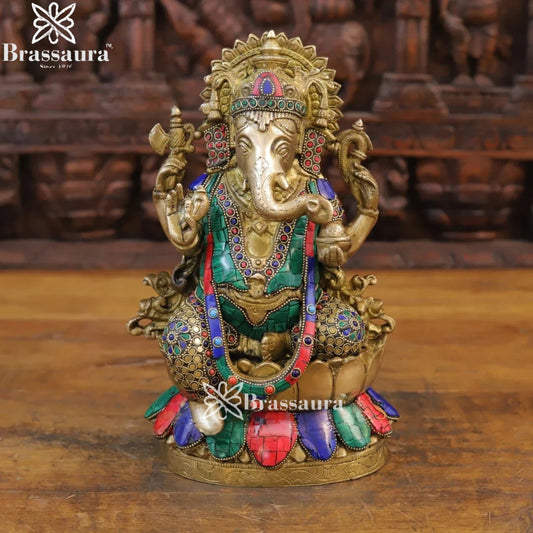 Brass Gem Stone Work Lotus Ganesha Weight 5.36 Kg & Height 12 Inch