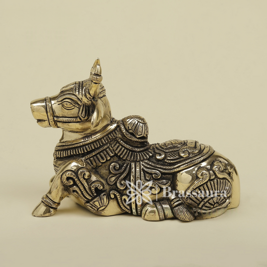 Brassaura® Brass Nandi Statue | 7.5 Inches Height | 1.92 Kgs Weight | Silver Finish