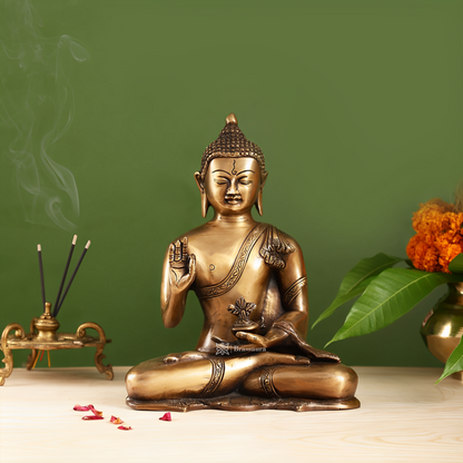 Brassaura™ Smooth Matte Gold Brass Buddha Statue – Abhaya Mudra – Height 10.5 Inches, Weight 5.5 Kgs