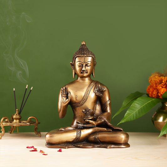 Brassaura™ Smooth Matte Gold Brass Buddha Statue – Abhaya Mudra – Height 10.5 Inches, Weight 5.5 Kgs