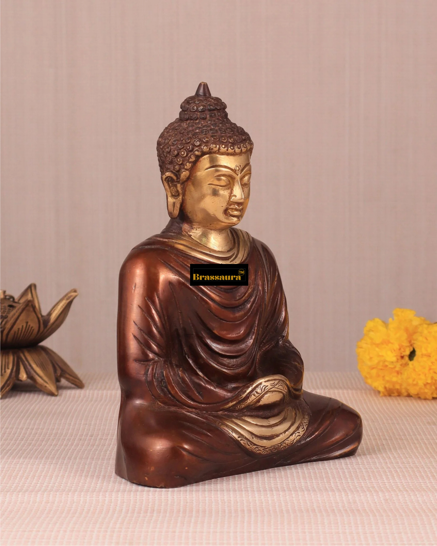Brassaura™ Pure Brass Buddha in Meditation – Height 7.5 Inches, Weight 2 Kgs