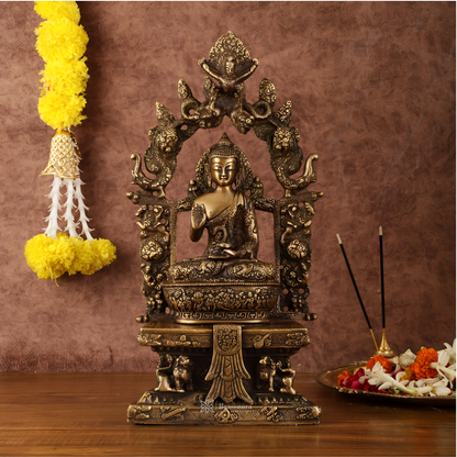 Brassaura™ Pure Brass Seated Buddha on Engraved Aasan and Arch – Height 16 Inches, Weight 6 Kgs