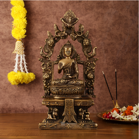 Brassaura™ Pure Brass Seated Buddha on Engraved Aasan and Arch – Height 16 Inches, Weight 6 Kgs
