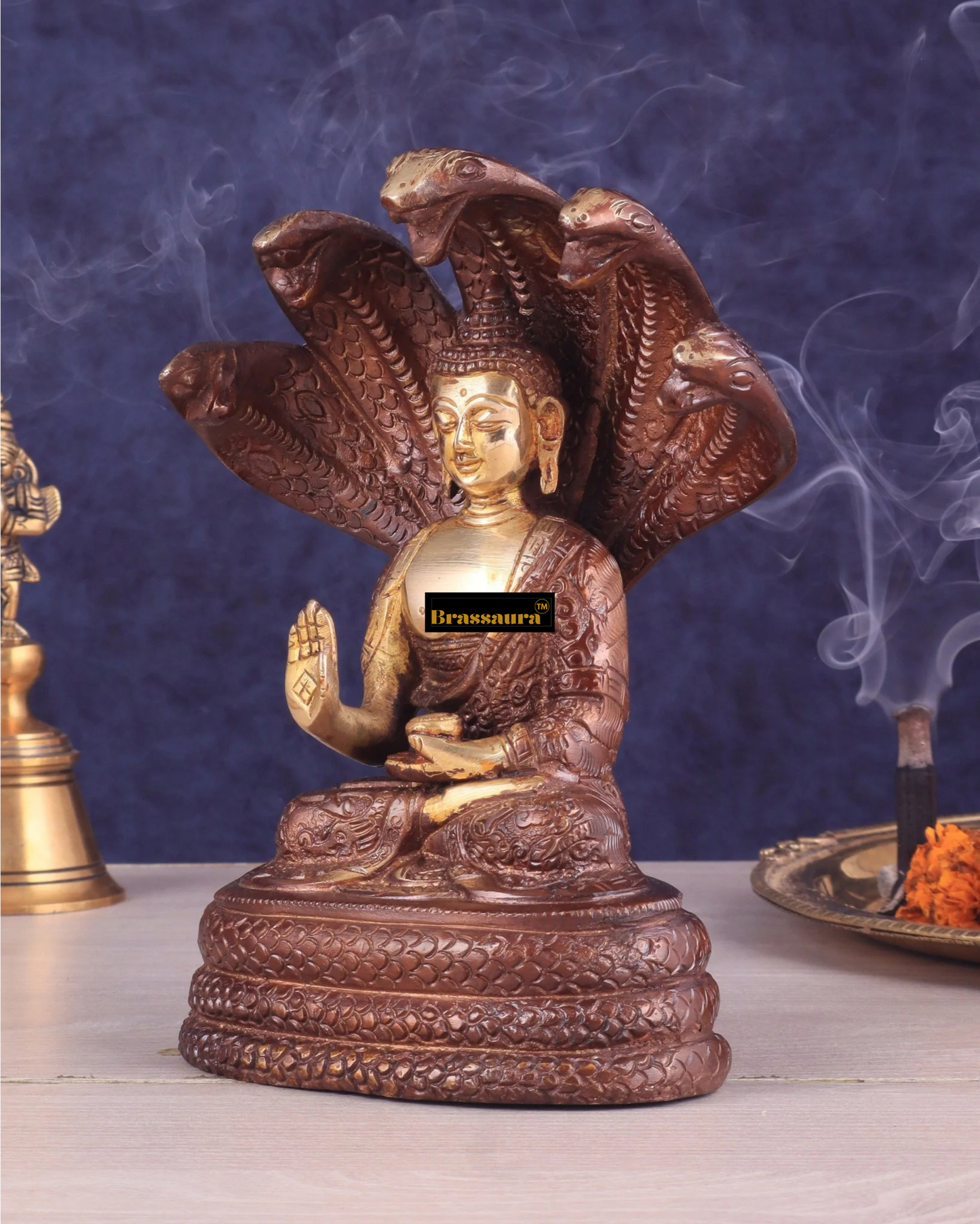 Brassaura™ Pure Brass Blessing Buddha Idol under Serpent Muchalinda – Height 8 Inches, Weight 2.33 Kgs