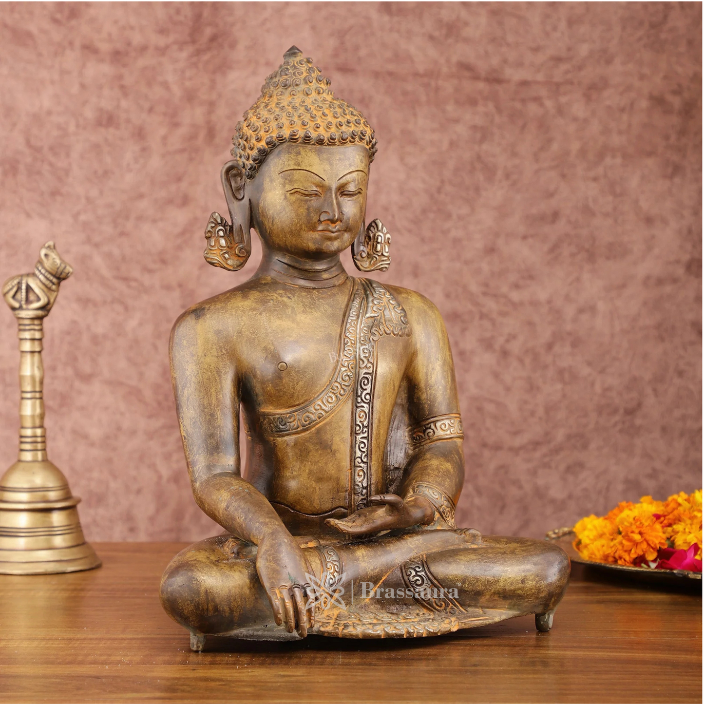 Brassaura™ Brass Buddha Statue in Bhoomisparsha Mudra – Height 14 Inches, Weight 6.6 Kgs