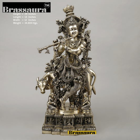 Brassaura® Lord Krishna with Cow Idol | Smooth Finish | Pure Superfine Brass Handcrafted Murti | Brass Statue for Home Temple, Pooja Room, Spiritual Décor & Luxury Gifting | Height 29 Inches | Weight 34.8 Kg