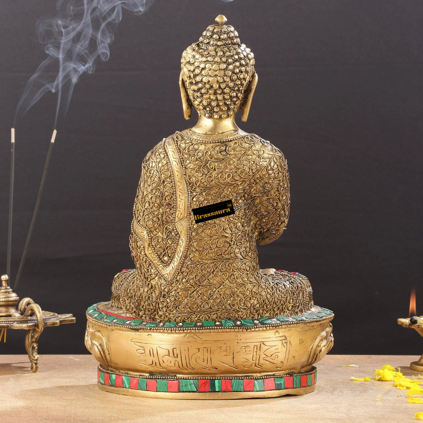 Brassaura™ Brass Buddha Statue with Stonework – Height 12 Inches & Weight 5.5 Kgs