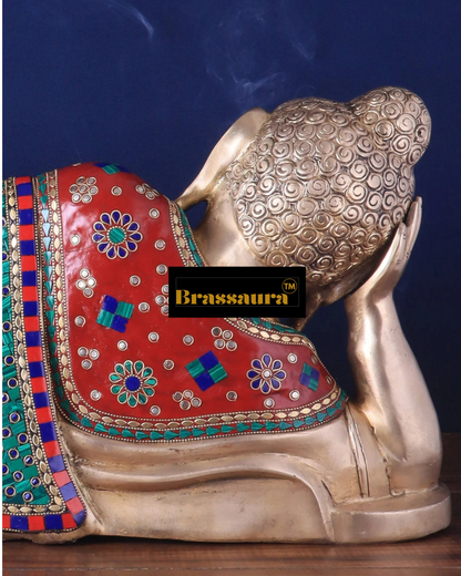 Brassaura™ Brass Resting Buddha Idol with Meenakari Stonework – Height 12 Inches, Weight 18 Kgs