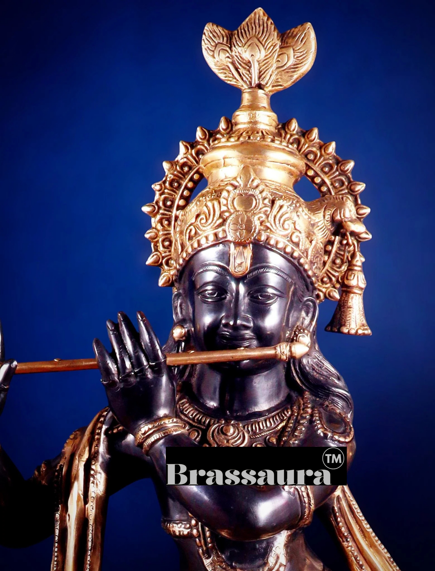 Brassaura™ Large Lord Krishna Brass Statue – Height 36" | Weight 22 Kgs | Black & Golden Finish