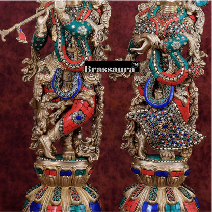 Brassaura™ Brass Radha Krishna Idol Pair with Double-Layered Meenakari – Height 25.5 Inches & Weight 25 Kgs | Elegant Devotional Statue