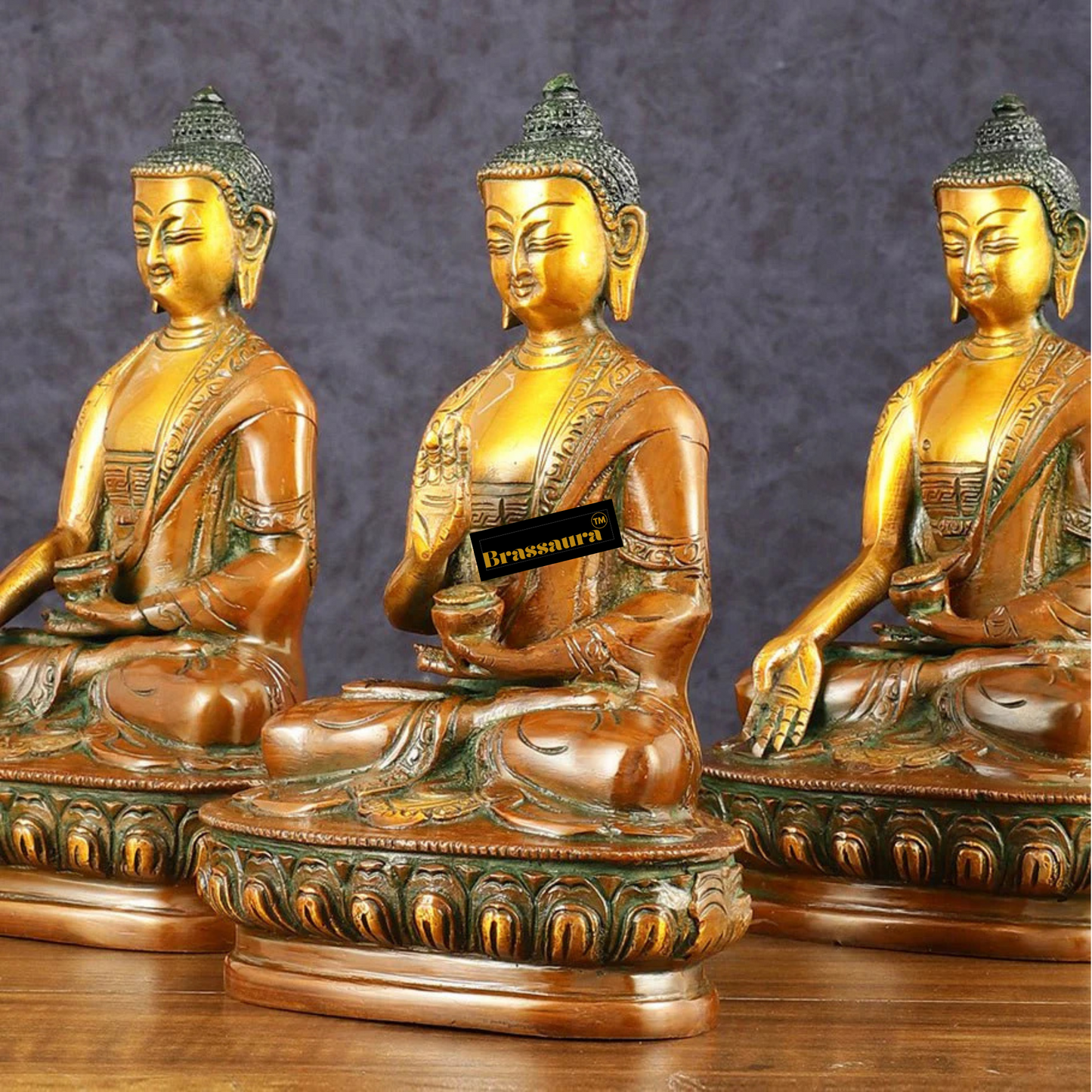 Brassaura™ Brass Set of 5 Dhyani Buddha Statues – Height 8 Inches Each, Total Weight 8.82 Kgs