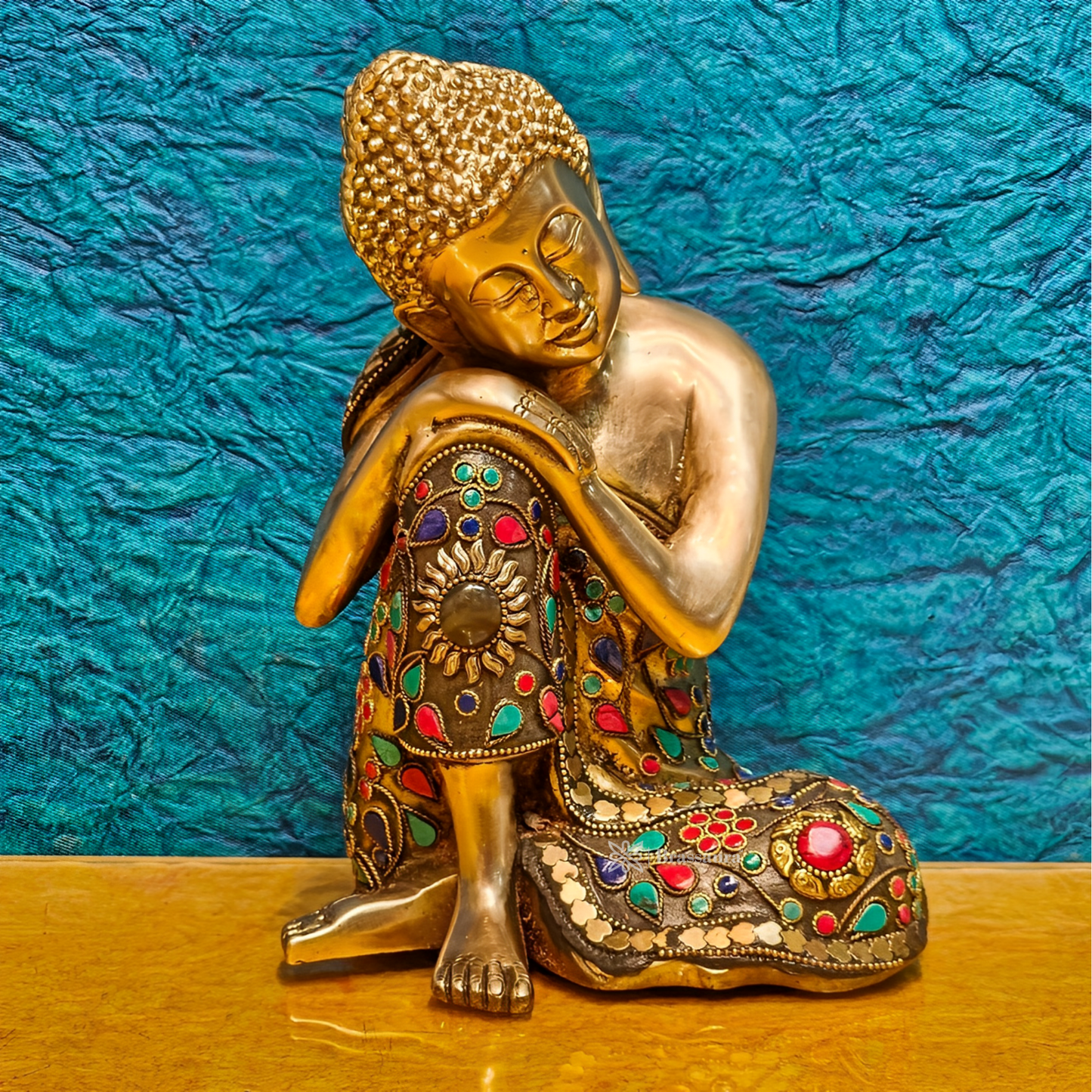 Brassaura™ Brass Thinking Buddha Statue – Height = 9 Inches | Weight = 4.2 Kgs | Meenakari & Wire Work