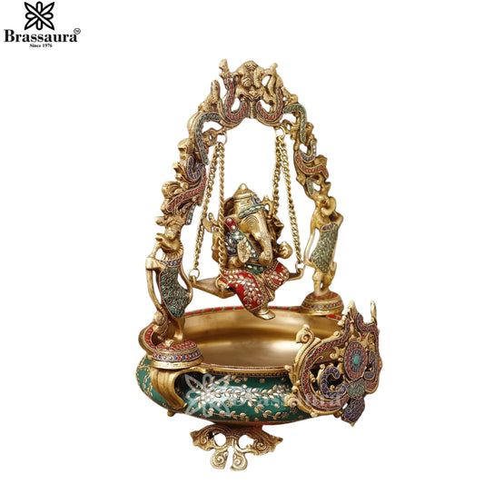 Brassaura® Ganesha Jhula Brass Urli with Antique Golden Brass Finish with Semi-Precious Stonework | Pure Superfine Brass Handcrafted Murti | Brass Statue for Home Temple, Pooja Room | Height 20 Inches | Weight 12.8 Kgs