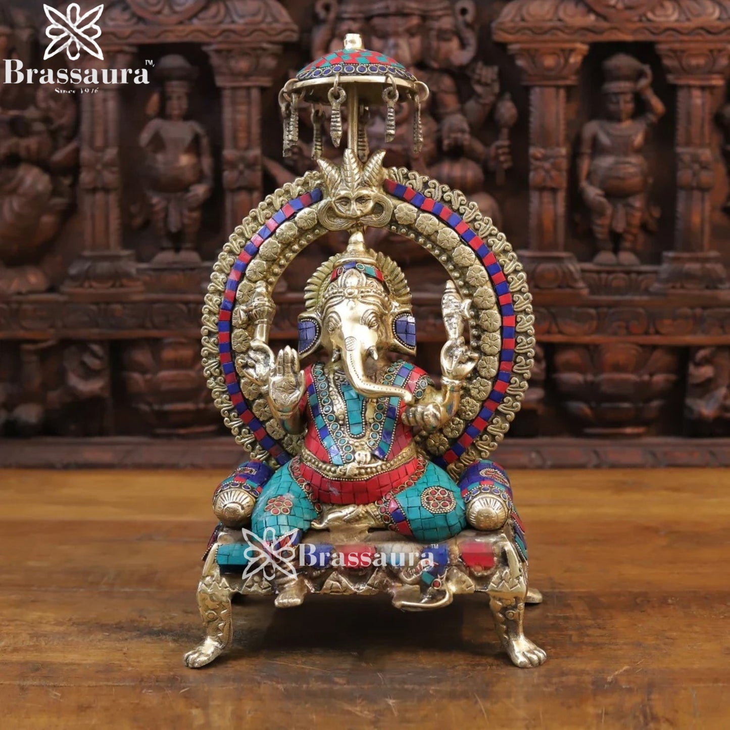 Brass Gem Stone Work Ring Ganesha Weight 9 Kg & Height 18 Inch