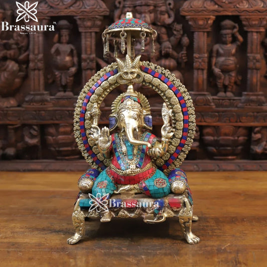 Brass Gem Stone Work Ring Ganesha Weight 9 Kg & Height 18 Inch