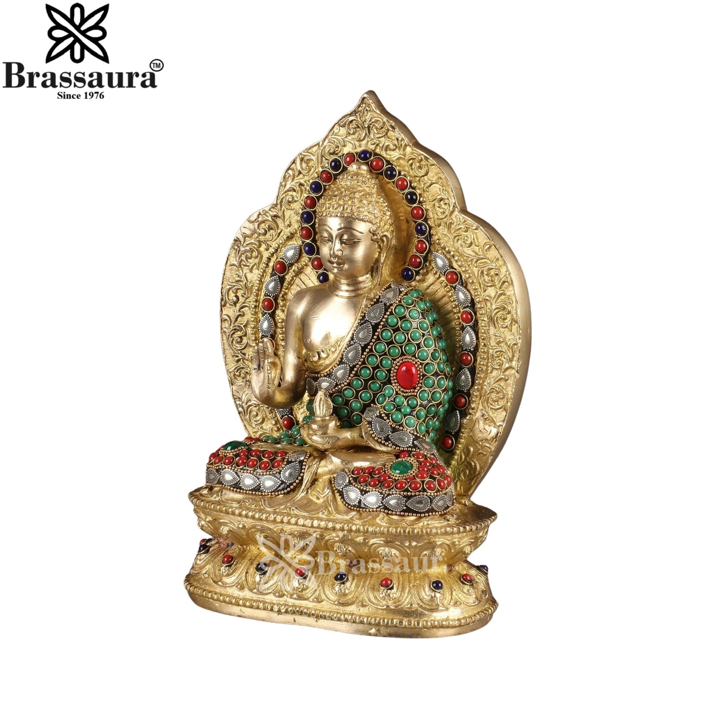 Brass Blessing Gem Stone Work Multicolored Buddha Weight 4.9 kg & Height 10 Inch