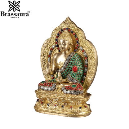 Brass Blessing Gem Stone Work Multicolored Buddha Weight 4.9 kg & Height 10 Inch