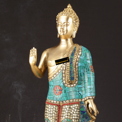 Brassaura™ Brass Standing Buddha Statue with Meenakari Stonework – Height 21.5 Inches, Weight 7.4 Kgs