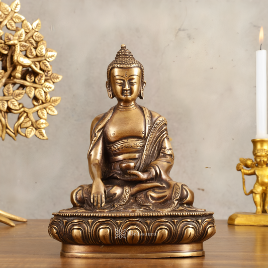 Brassaura™ Pure Brass Buddha Statue in Antique Finish – Height 8 Inches, Weight 2.25 Kgs