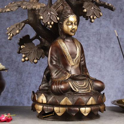 Brassaura™ Brass Buddha Under Tree Statue – Height 16.5 Inches, Weight 10 Kgs