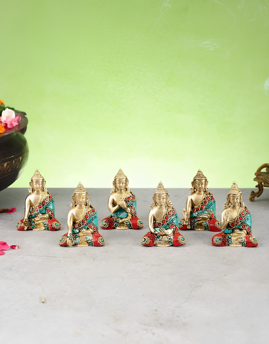 Brassaura™ Set of 6 Miniature Brass Buddha Statues – Height 3 Inches | Weight 3.2 Kgs | Different Mudras