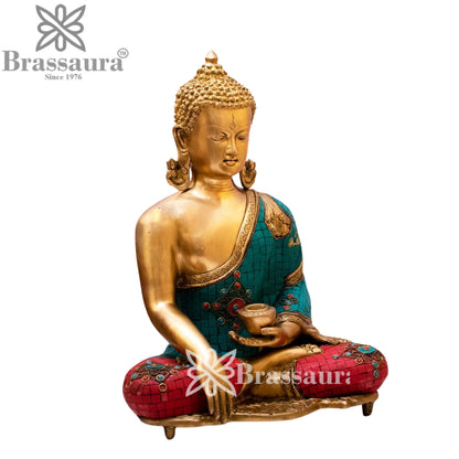 Brass Bhumisprasa Gem Stone Work Buddha Weight 10.4 kg & Height 16 Inch