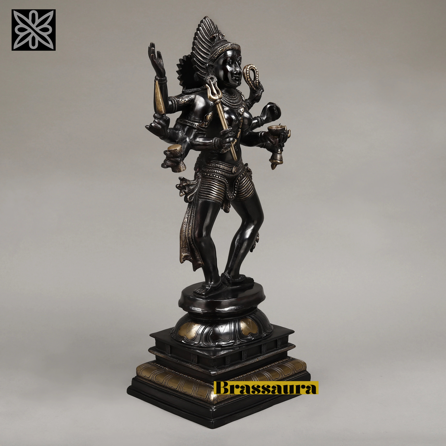 Brassaura™ Brass Kaal Bhairav Idol Standing on Pedestal – 23.5 inch | 14.15 kg | Deep Black with Golden Finish for Home & Temple Decor
