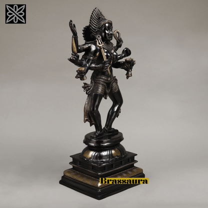 Brassaura™ Brass Kaal Bhairav Idol Standing on Pedestal – 23.5 inch | 14.15 kg | Deep Black with Golden Finish for Home & Temple Decor