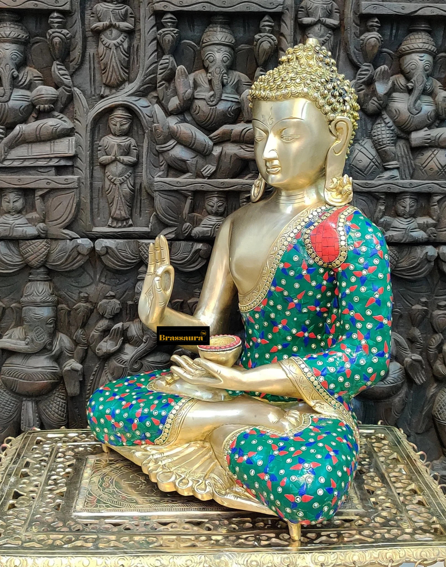 Brassaura™ Pure Brass Blessing Buddha Statue with Medicine Bowl – Height 20 Inches, Weight 20 Kgs