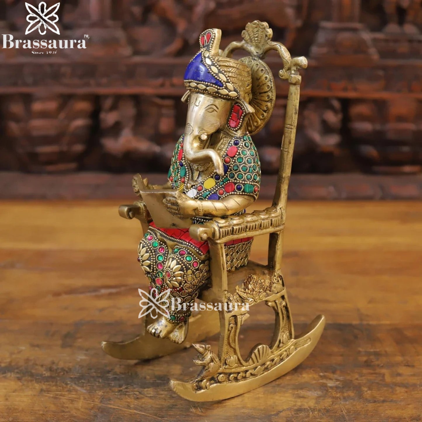 Brass Gem Stone Work Chair Ganesha Weight 3.56 Kg & Height 11 Inch