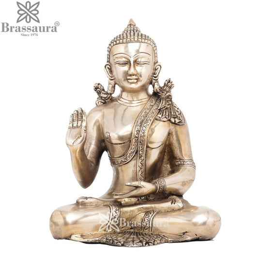 Brassaura® Buddha Sitting in Abhaya Mudra with Antique Silver & Gold Finish and Intricate Robe Detailing | Pure Superfine Brass Handcrafted Murti | Brass Statue for Home Temple, Pooja Room | Height 9.5 Inches | Weight 3.4 Kgs