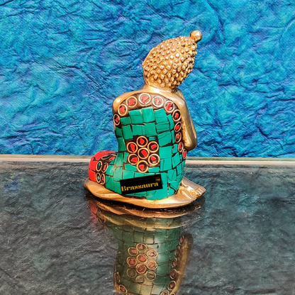 Brassaura™ Brass Thinking Buddha Statue – Height 4 Inches | Weight 0.6 Kgs | Meenakari Stonework